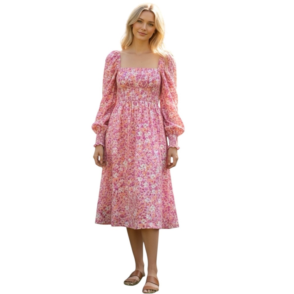 NWT FEW MODA Size Medium Floral Smocked Midi Dress Pink Front Slit